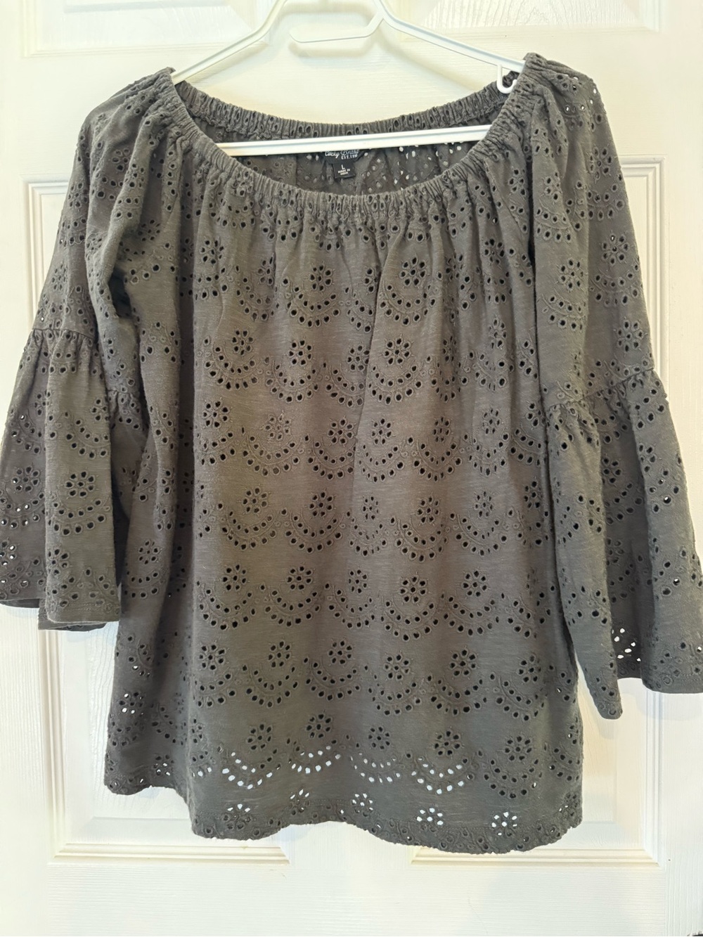 Lucky Brand Olive Eyelet Off-Shoulder Blouse